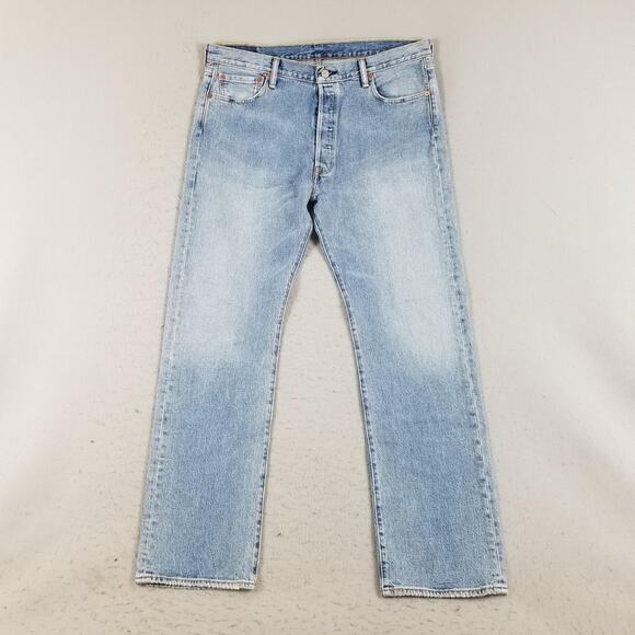 Levis 501 Jeans Mens 36x32 Blue Denim Straight Leg Button Fly Distressed 501 - Picture 2 of 16